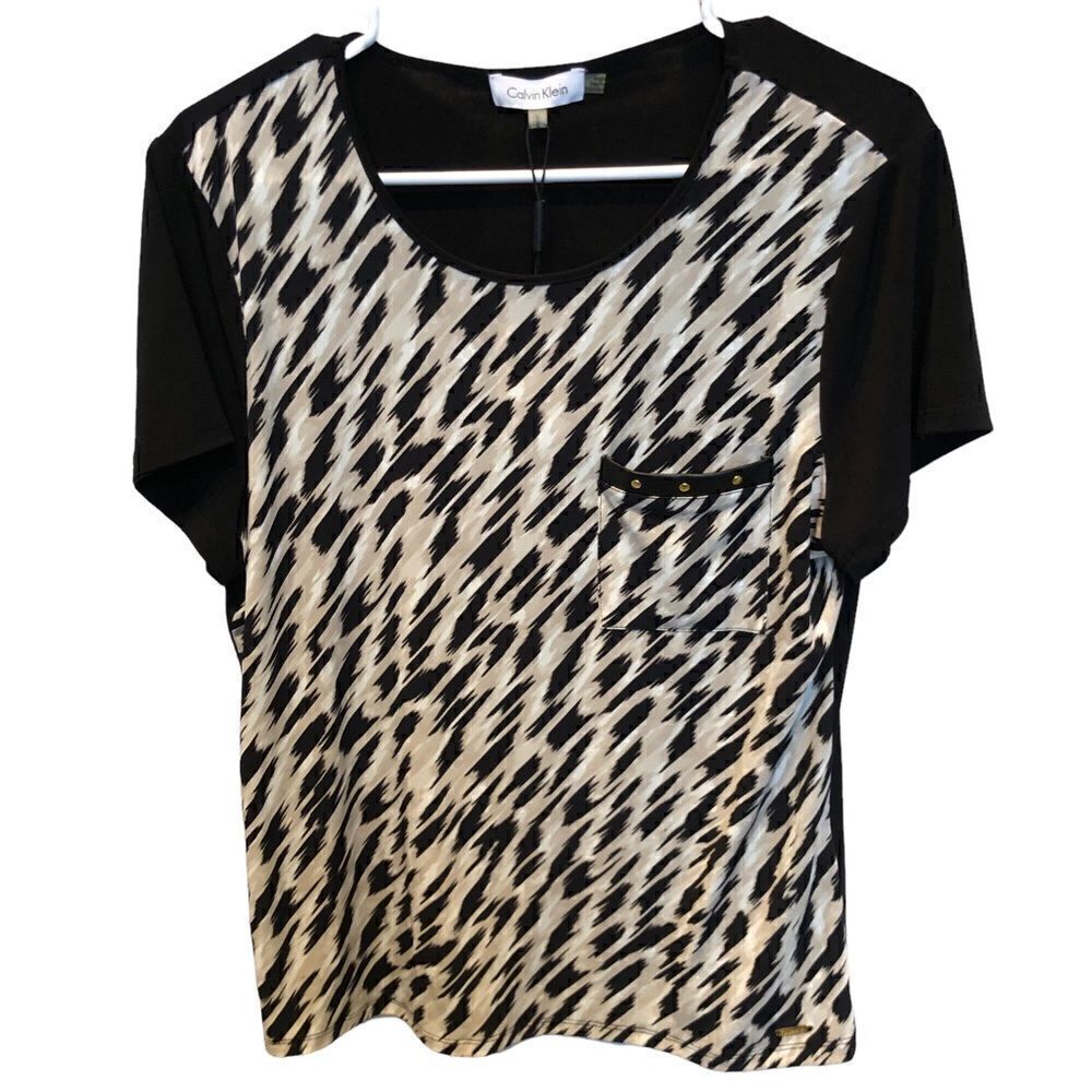 Calvin Klein Short Sleeve Blouse black/tan/white Large New with tag
